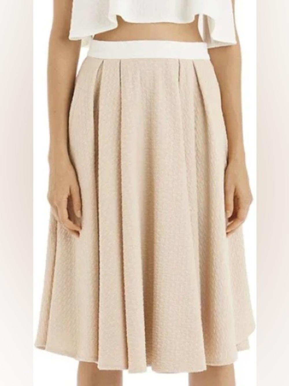 NWT Torn by Ronny Kobo May Textured Pleated Midi Circle Skirt Toasted Almond XS